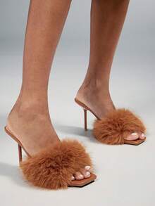 SHUZIA Sandal Hak Stiletto Slip-On Berbulu Glamor untuk Wanita - Chocolate Brown - View 2