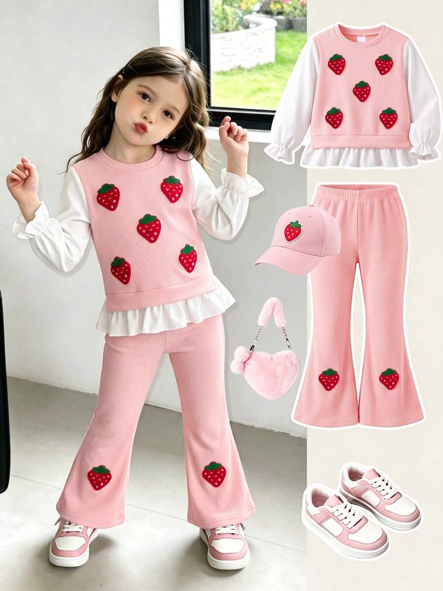 SHEIN 2pcs/Set Girls Blue Striped Bow Ruffle Trim Long Sleeve 2 In 1 Top With Blue Pants, Back To School Clothes Outfit Matching Autumn - Navy Blue - View 1