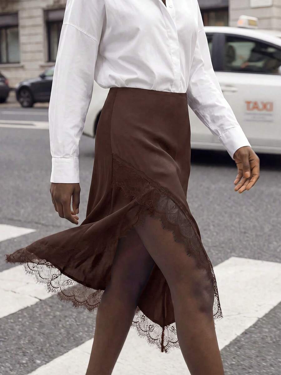 Maija Women's Elegant Lace Patchwork Asymmetrical Hem Skirt - Brown - View 1