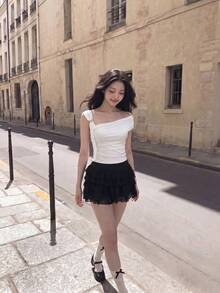 SHEIN MOD White Asymmetrical Shoulder Women Summer Music Festival White Top Tops - White - View 6