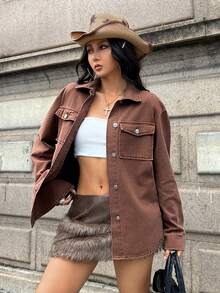 Jeanoix Jaket Denim Wanita dengan Kerah Lipat dan Saku Tempel - Coklat - View 8