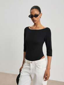 ATUI Studio Women Minimalist Off Shoulder Bodysuit, 3/4 Sleeve Stretch Jersey Slim Fit Basic Black Top For Daily Office Wear - Black - View 6