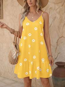 EMERY ROSE Women Daisy Flower Print Ruffle Hem Casual Cami Dress - Yellow - View 3