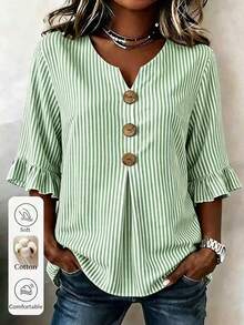 Linhara CURVE Sommer Retro Elegant Lässig Lose Damenhemd in Große Größen, Weiß gestreifte Baumwollbluse, atmungsaktiv bequem für Brunch und formelle Anlässe - Minzgrün - Übersicht 1
