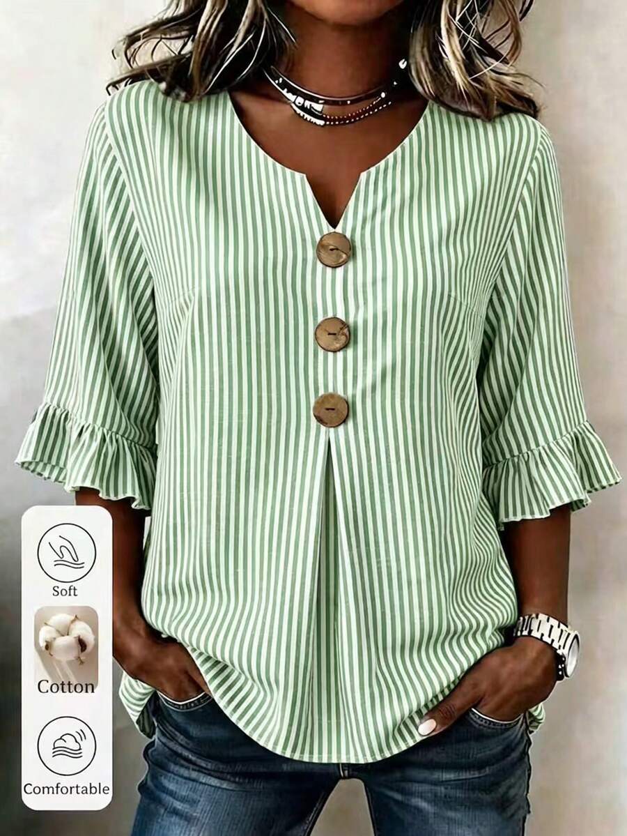Linhara CURVE Sommer Retro Elegant Lässig Lose Damenhemd in Große Größen, Weiß gestreifte Baumwollbluse, atmungsaktiv bequem für Brunch und formelle Anlässe - Minzgrün - Übersicht 1