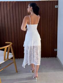 Vassilux Asymmetrical Hem Lace Spaghetti Strap Dress With Ruffle Trim,Graduation White Dress,Summer Dresses For Women,Tea Party Wedding Guest Elegant - White - View 2