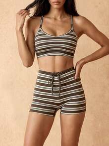 Silquee Pantalones cortos deportivos casuales a rayas con lazo en la cintura para mujer - Marrón - Ver 5