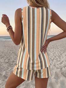 SHEIN LUNE Casual Women's Round Neck Tank Top And Shorts 2 Pieces Set Beach Beige Summer - Multicolor - View 2