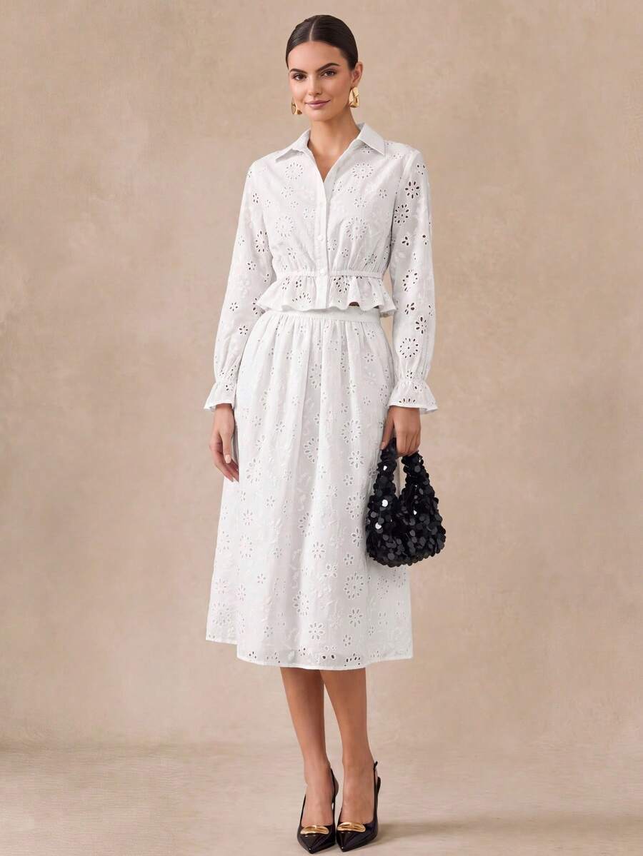 Almamuse Women's Elegant Embroidered Long Sleeve Cardigan And Skirt White 2-Piece Set Fall Cloth For Women - White - View 1