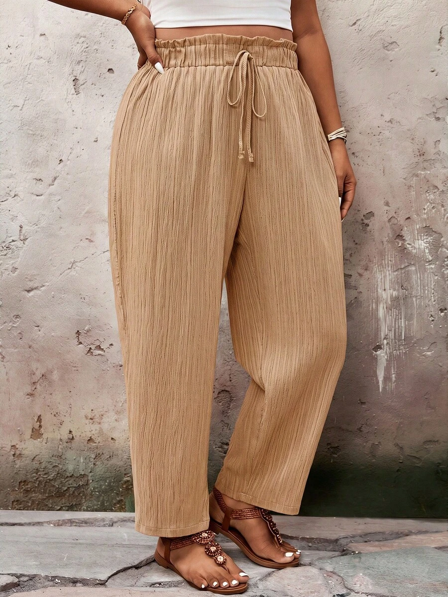 SHEIN VCAY بنطلون طويل كاجوال متعدد الاستخدامات للارتداء اليومي للنساء بمقاسات كبيرة بلون موحد وخصر برباط شد - كاكي - مشاهدة 1