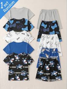 【5套随机发货，1套寄送】男童睡衣，春夏新品，时尚热销，趣味滑板鞋图案，鲨鱼、恐龙、游戏机印花，针织紧身弹力面料短袖短裤两件套睡衣（随机发货） - 彩色 - 查看 2
