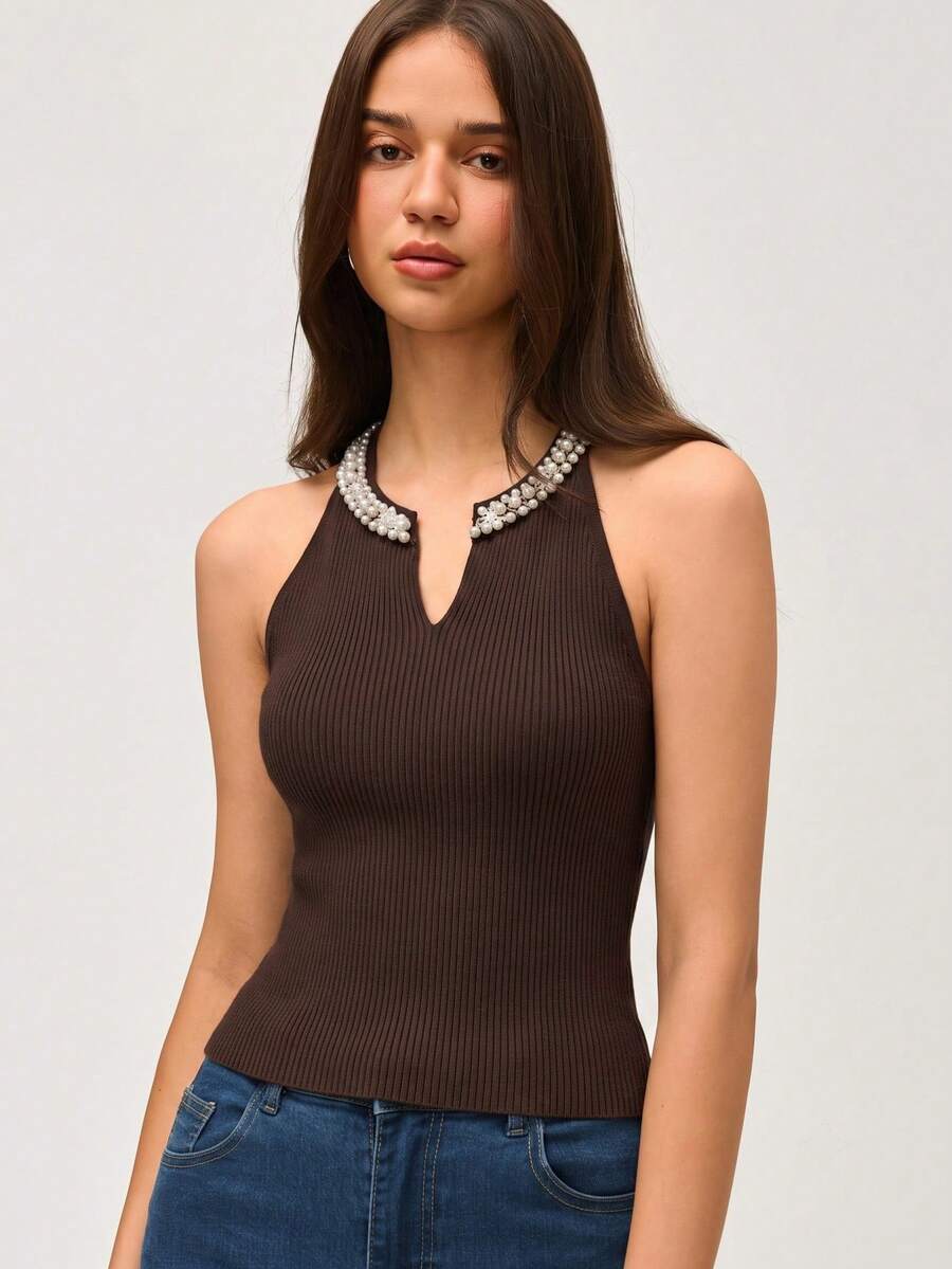 SHEIN Orluneo 新款春夏欧美风修身显瘦独特仿珍珠奢华露背优雅法式淑女高端针织上衣,适合派对/聚会穿着 - 咖啡棕 - 查看 1