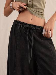 Easelle Vintage Boho Low Waist Lace Patchwork Wide Leg Snow Wash Women's Long Pants Vacation Black Summer - Grey - View 6