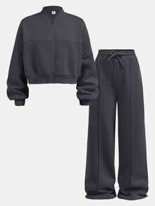 SHEIN Tween女孩秋季2件套長袖運動休閒套裝，連帽衛衣+長褲，日常穿著街頭風校園校外穿搭，深灰色 - 深灰色 - 查看 3