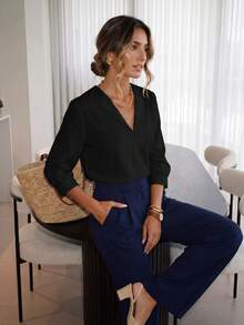 SHEIN LUNE Solid V Neck Blouse,Three Quarter Sleeve Tops,Casual - Black - View 2