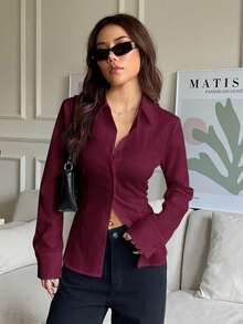 SHEIN EZwear 100%純棉酒紅色女款休閒百搭前鈕扣後收腰修身長袖襯衫，適合秋冬穿著 - 酒紅色 - 查看 8
