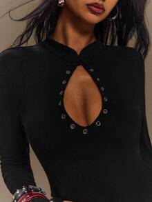 TypaGal Women's Solid Color Cutout Design Long Sleeve Slim Fit Cropped T-Shirt Night Out Night Club Black Autumn Sexy Goth Halloween Y2K Going Out Party - Black - View 5