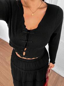 GalTyme Camiseta corta de talla grande casual versátil de unicolor con botones de rana - Negro - Ver 6