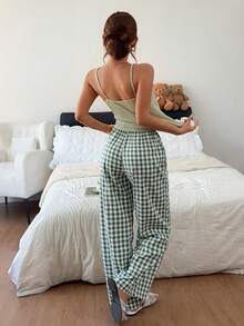 Napfluff Minimalist Ribbed Knit Camisole Set, Fresh Plaid Wide Leg Loungewear 2 Pieces Set - Green - View 2