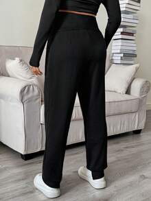 SHEIN Maternity Heart Pattern Adjustable Waist Casual Daily Wear Long Pants - Black - View 2