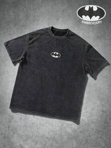 BATMAN X SHEIN Manfinity EMRG 男士圓領雪洗休閒日常穿著T恤 - 黑色 - 查看 2