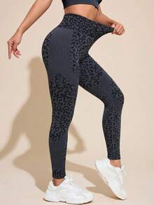 SHEIN Sports Heart Patchwork High Waist Seamless Sports Leggings - Black - View 5