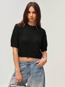 SHEIN Orluneo Nuevo suéter de punto con mangas cortas y cuello redondo para una apariencia elegante - Negro - Ver 5