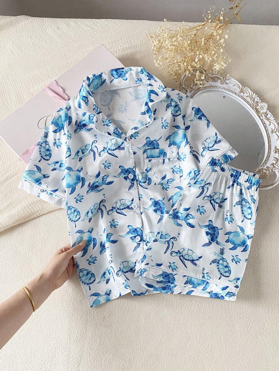 SHEIN 可爱海龟缎面领短袖短裤睡衣套装 - 藍白色 - 查看 1