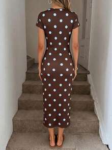 SHEIN LUNE Plus Size Polka Dot Print Twist Front Split Dress - Multicolor - View 2