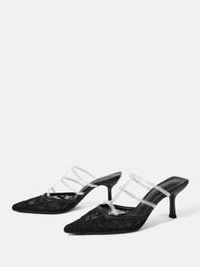 CUCCOO HITCHD Spring And Summer Lace Embroidered Rhinestones With Pointed Ends, Thin Heels, High Heels, Elegant, Wind Lace Mesh Sandals, Traveling And Commuting Fall Shoes - Black - View 3