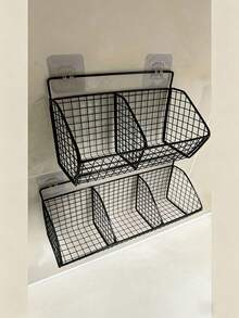 Durable Metal Wall-Mounted Kitchen Basket Rack, Multi-Functional Kitchen Storage Organizer, Can Hang Spices, Garlic, Onions, Vegetables, Effectively Improve Kitchen Space Utilization And Reduce Clutter - Black - View 11