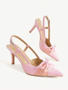 CUCCOO CHICEST French Retro Brown Satin Pointed High Heels Women, Bow Back Empty Stiletto Shoes, Socialite Banquet Shoes Fall Shoes - Pink - View 4
