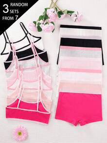 7 Sets Random 3 Sets Tween Girls Simple Basic Solid Color Letter Contrast Camisole & Shorts Underwear Set - Multicolor - View 2