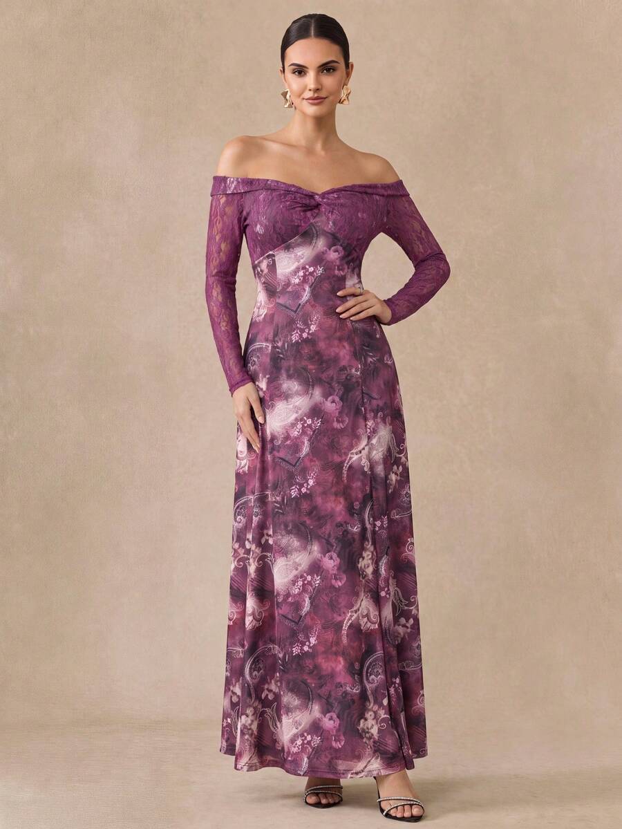 Almamuse Women's Lace Patchwork Ruffle A-Line Off Shoulder Vacation Floral Print Dress