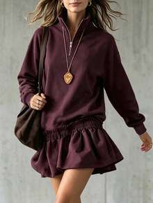 LUMIGAL Women's Solid Color Pleated Casual Versatile Daily Long Sleeve Sweatshirt Everyday Night Out Burgundy Autumn - Burgundy - View 4