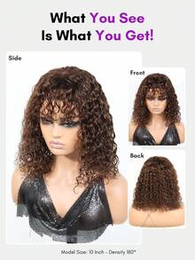 ALL READY WIG Peluca Bob sin pegamento de cabello humano con ondas de agua y flequillo, peluca de encaje de cabello humano para mujeres #4 marrón CHIC BOB, peluca lista para usar estilo SHAGGY, encaje pre-depilado y pre-cortado con cierre de encaje 4x4, peluca sin pegamento con cabello frontal 100% cabello humano - S4 - Ver 4
