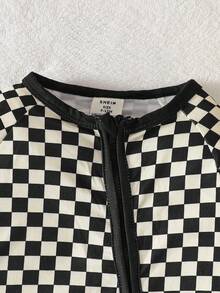 Baby/Toddler Boys' Casual Vintage Checkerboard Zip-Up Jumpsuit, Suitable For Spring/Autumn Outings & Lounging - Black - View 6