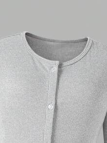 Autumn/Winter Gentle Gray Ribbed Knit 2 Pieces Set For Girls, Slim Fit Short Single-Breasted Round Neck Long Sleeve Top And High-Waist Drawstring Draped Wide Leg Pants, Casual Versatile - Grey - View 4