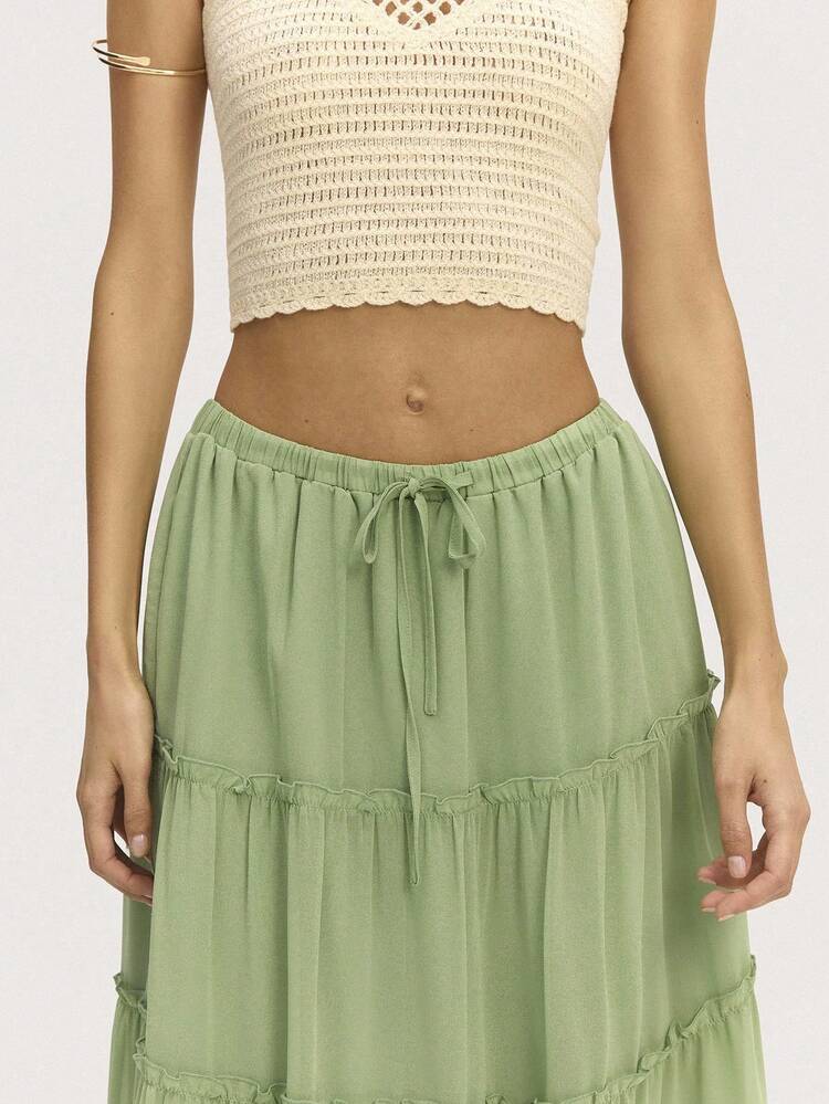 Nöista Maxi Skirt With Tie Waist And Ruffle Detail Solid Color , Elegant Fall Casual Style, Back To School, Office, Going Out Look - Green - View 3