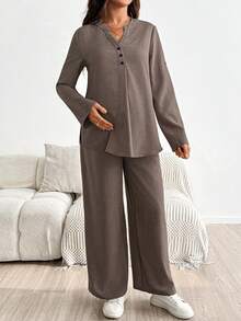 SHEIN Maternity Casual Two-Piece Set: Khaki Notch V-Neck Top And Adjustable-Waist Trousers Fall - Brown - View 7