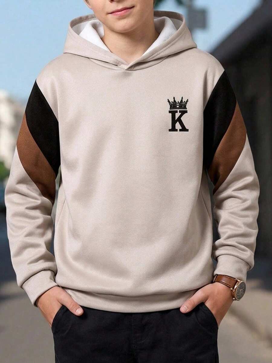 SHEIN 青少年男孩休閒拼色字母印花衛衣,適合秋冬穿著 - 彩色 - 查看 1