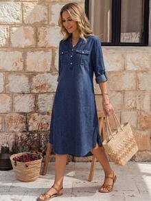 EMERY ROSE Của phụ nữ Cổ áo có khía Đã bỏ túi Giải trí Đầm Denim - Rửa tối - Xem 3