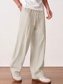 EASEVO Men's Plus Size Solid Color Drawstring Waist Pocket Wide Leg Loose Fit Long Pants - Beige - View 1