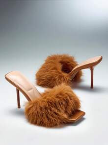 SHUZIA Sandal Hak Stiletto Slip-On Berbulu Glamor untuk Wanita - Chocolate Brown - View 6