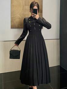 Joudiya Vestido largo elegante para mujer de estilo militar, negro, de otoño, con cuello alto pequeño, manga larga, doble botonadura con botones metálicos, falda plisada completa y cintura ceñida, ideal para ir a la oficina y citas - Negro - Ver 8