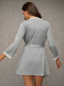 Esseday Lace Trim Decor Robe & Sleep Slip Dress Pajama Set, Sweet Y2K Style Women Sleepwear Set Holiday Season, Fall Winter Clothes - Grey - View 5