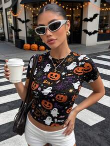 Aidyla Women's Pumpkin Ghost Spider Web Candy Pattern Print Black Fashion Round Neck Short Sleeve Slim Fit Cropped T-Shirt Halloween Top Summer Night Out - Multicolor - View 1