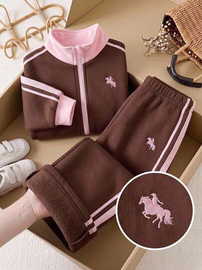SHEIN LMoss Kids Ensemble 2 pièces pour bébé fille : Sweat-shirt-shirt décontracté en tricot blocs de couleurs à col montant & pantalon long pour automne/hiver