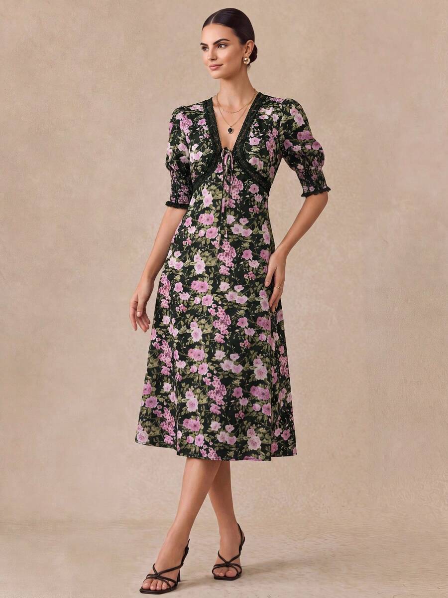 Almamuse Women's Elegant Lace Patchwork Ditsy Floral V-Neck Dress Summer Dress - Black - View 1
