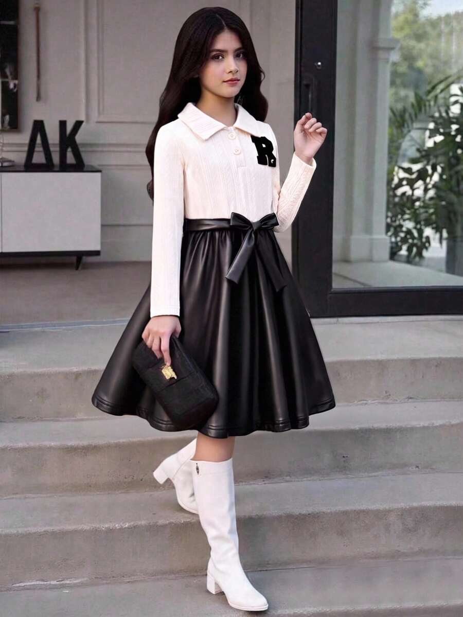 SHEIN 女童杏色纹理领打底衫搭配复古棕色拼接连衣裙,适合上学、休闲、派对等场合,风格优雅温柔,秋冬季必备。 - 白色 - 查看 1